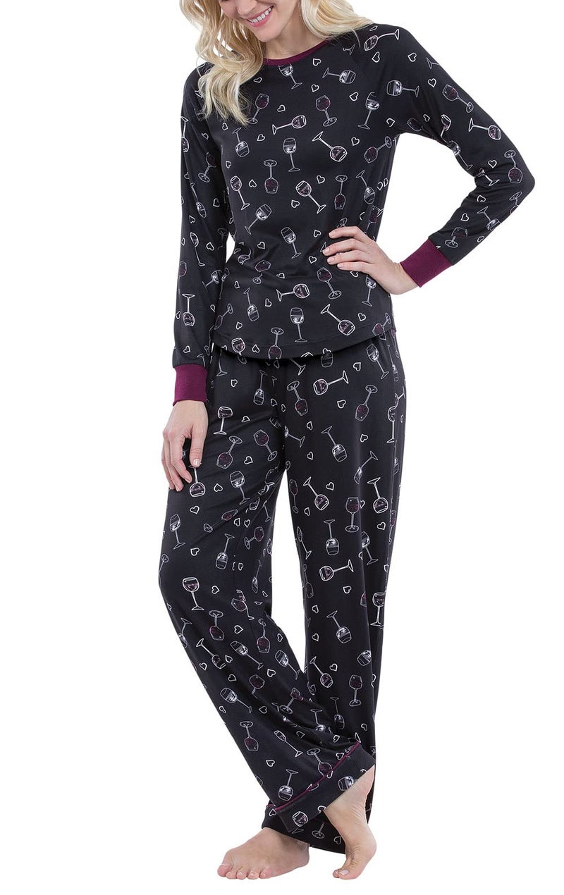PajamaGram Fun Womens Pajama Set - Women PJs, Wine Down, Black, L, 12-14 - Image 1
